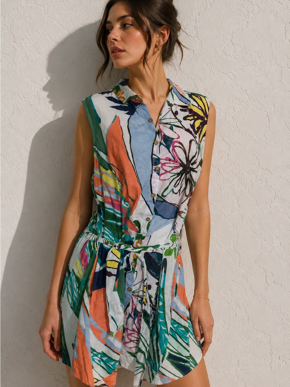 Colorful Linen Blend Sleeveless Shirt Dress with Belt | Tropical Abstract Print